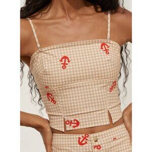 Anthropologie L Gingham Anchor Print Crop Top With Adjustable Straps & Smocked B